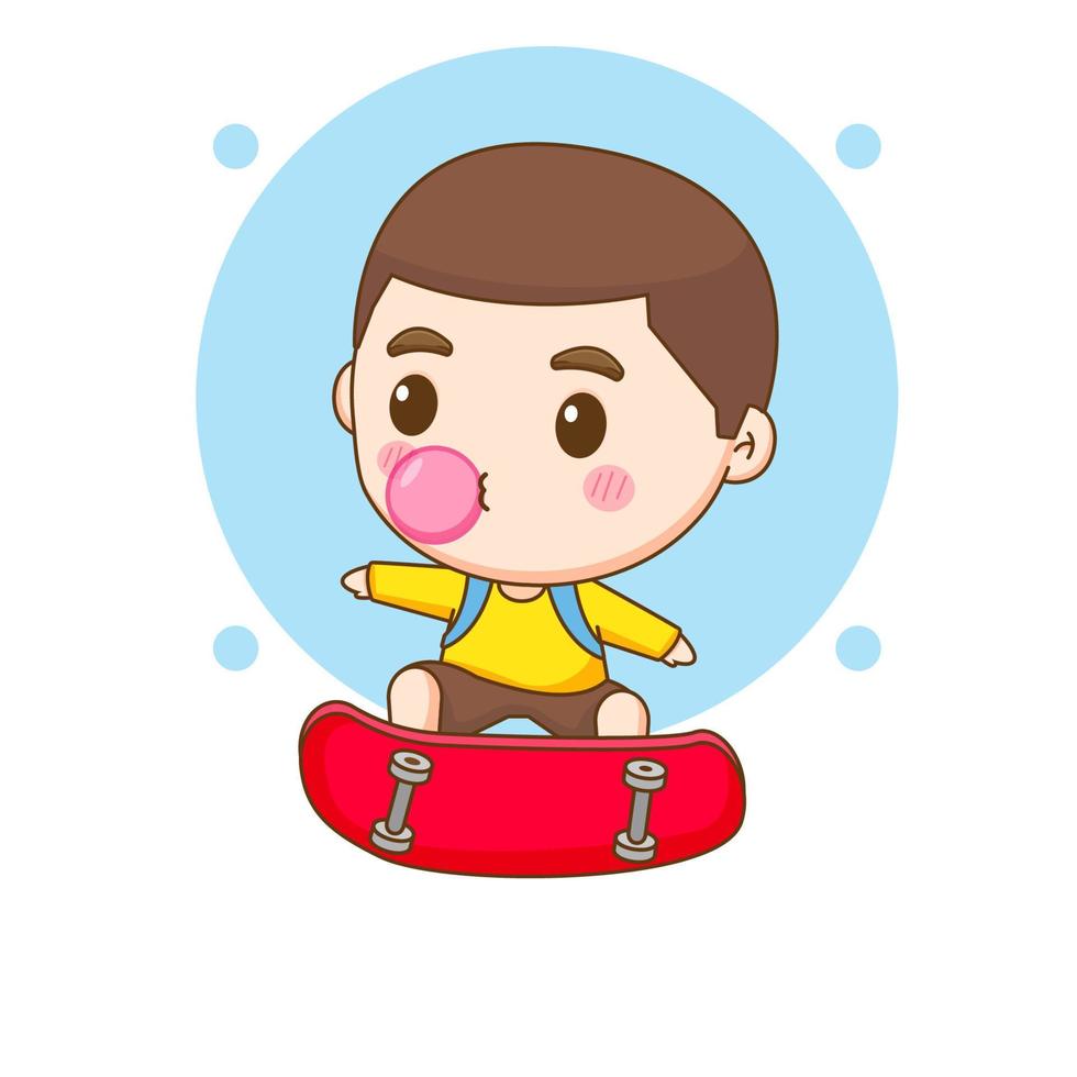 mignon garçon heureux chewing-gum jouant à la planche à roulettes. personnage de dessin animé chibi. vecteur