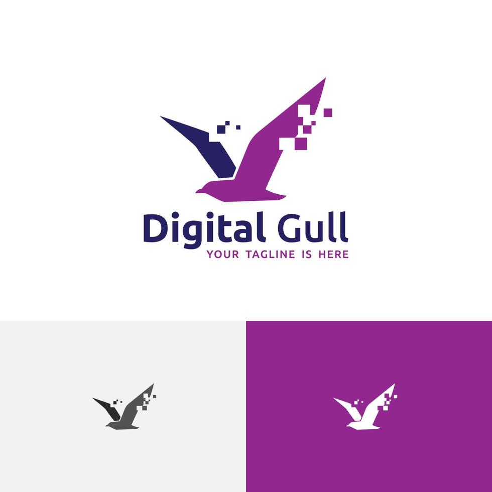 pixel numérique mouette oiseau volant logo de technologie informatique en ligne vecteur