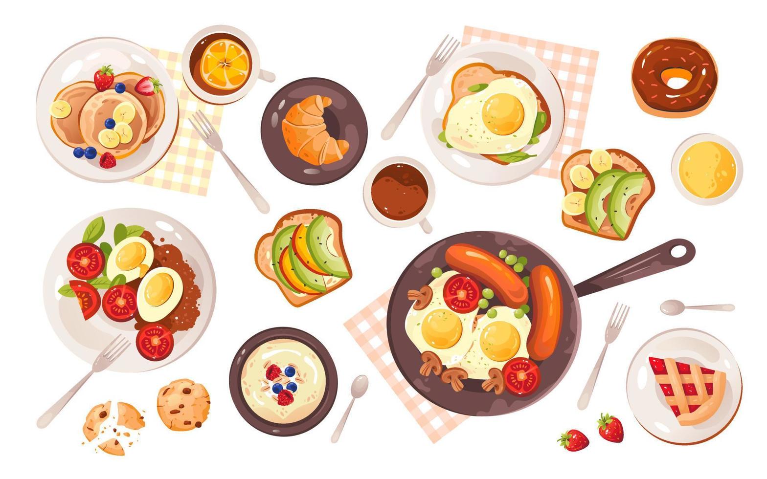 illustration vectorielle de petit-déjeuner sain. un ensemble de nourriture pour le petit déjeuner. repas du matin. menu du petit déjeuner. vecteur