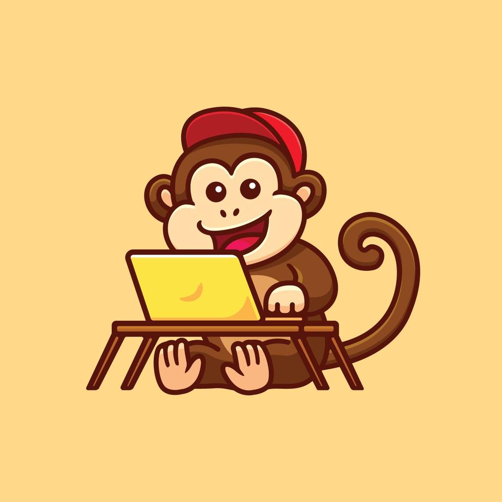 mignon petit singe travaillant devant une illustration de dessin animé pour ordinateur portable vecteur