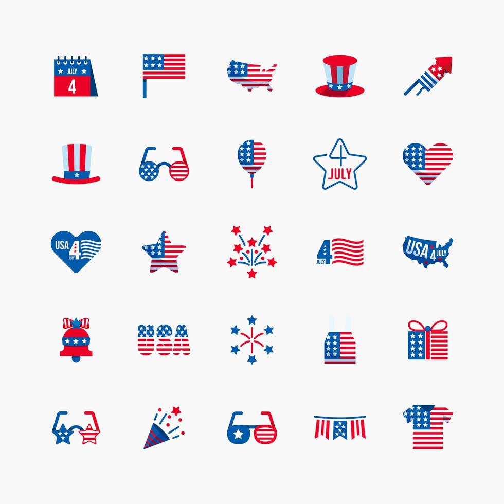 Ensemble d'icônes plates du logo du 4 juillet. collection d'éléments de conception de la fête de l'indépendance. illustration vectorielle vecteur