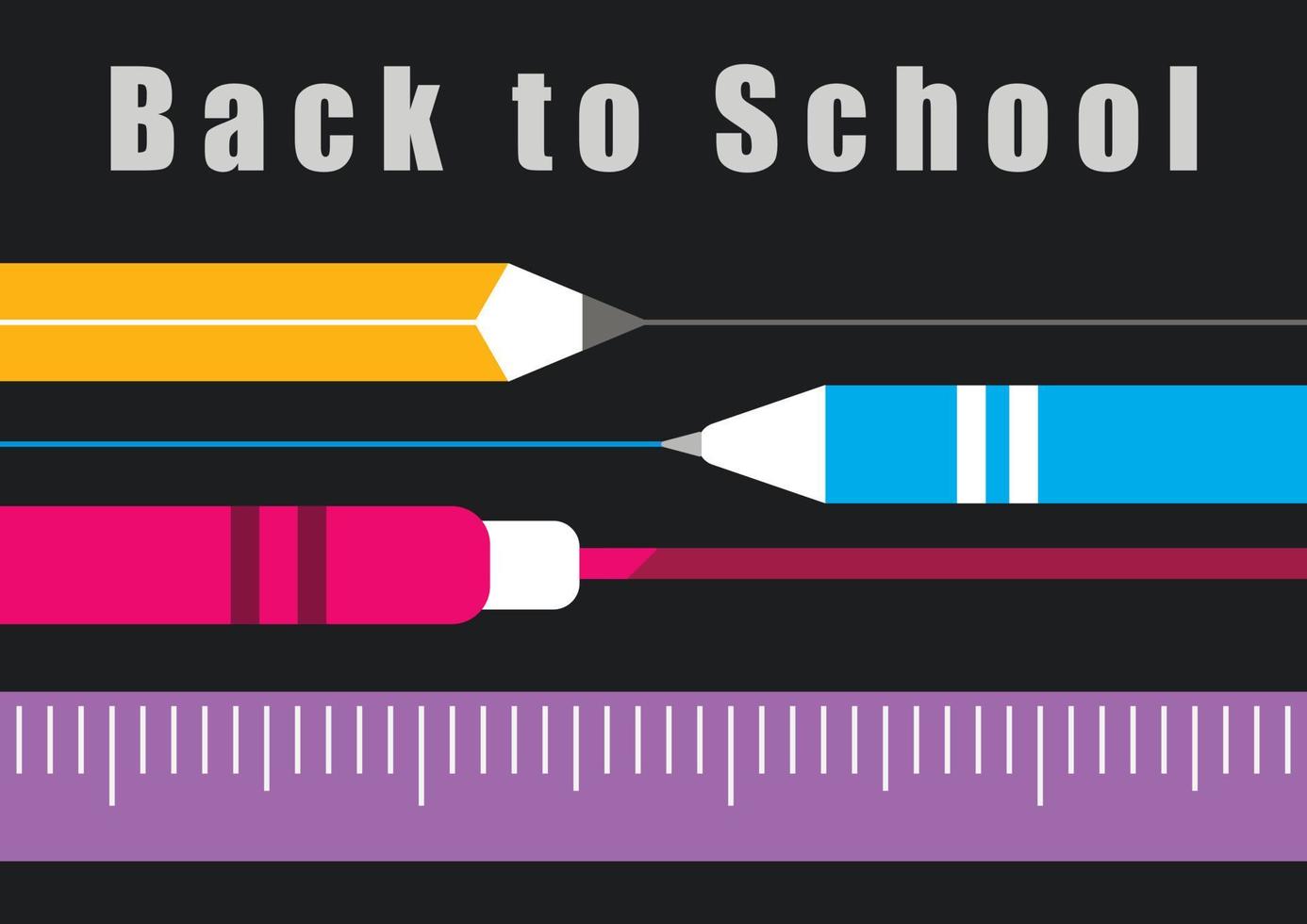 Retour à la bannière vectorielle de l'école. fournitures scolaires et de bureau, crayon, stylo, marqueur, règle sur fond sombre. vecteur
