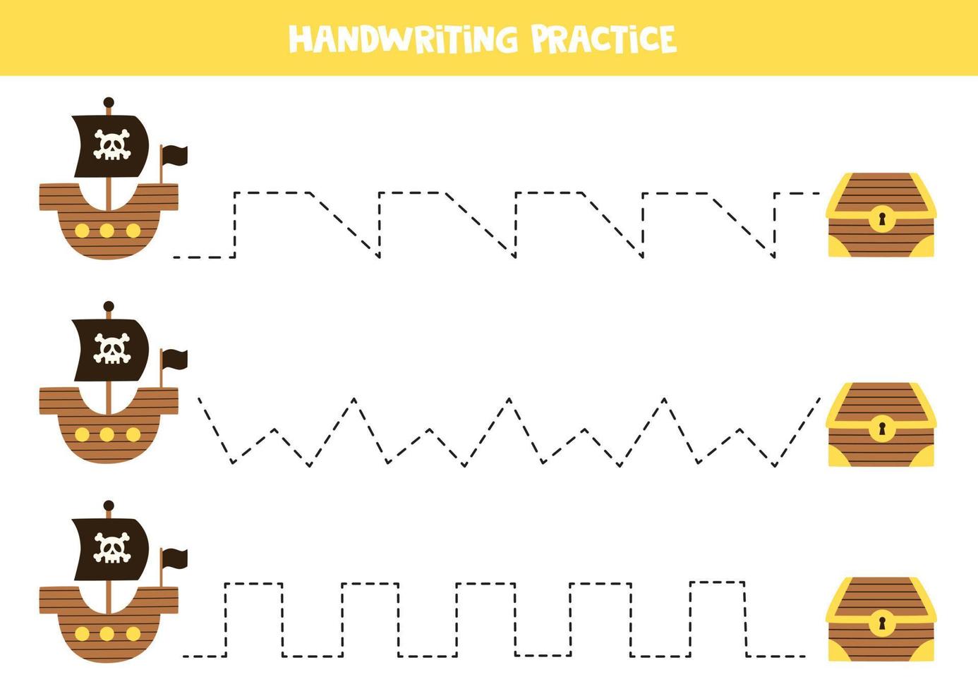 tracer des lignes pour les enfants. bateau pirate et coffre au trésor. pratique de l'écriture. vecteur