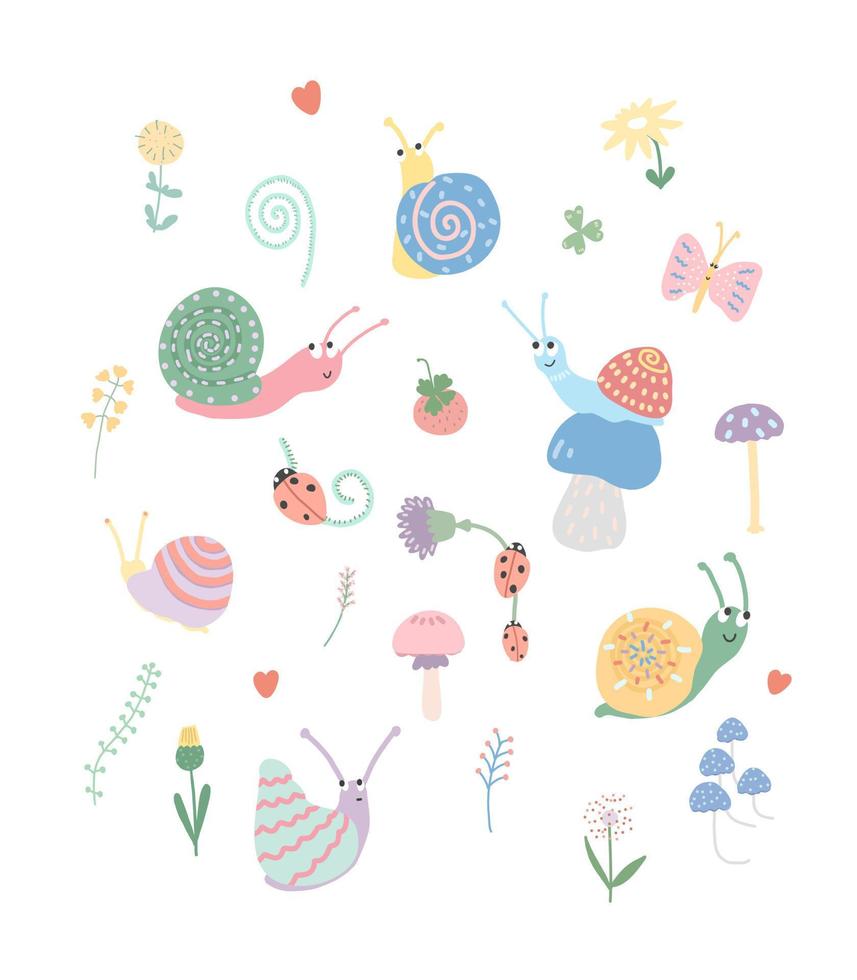 dessin animé serti d'escargots, de fleurs, de coléoptères. illustration pour enfants pour cartes postales, livres, textiles vecteur