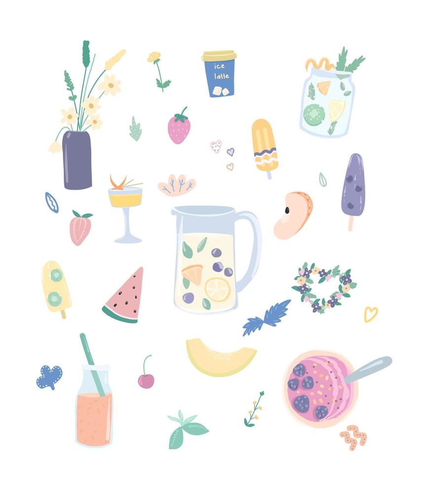 jeu d'icônes lumineuses d'été de vecteur de crème glacée, cocktails, fleurs. illustrations pour impressions, cartes postales, web.