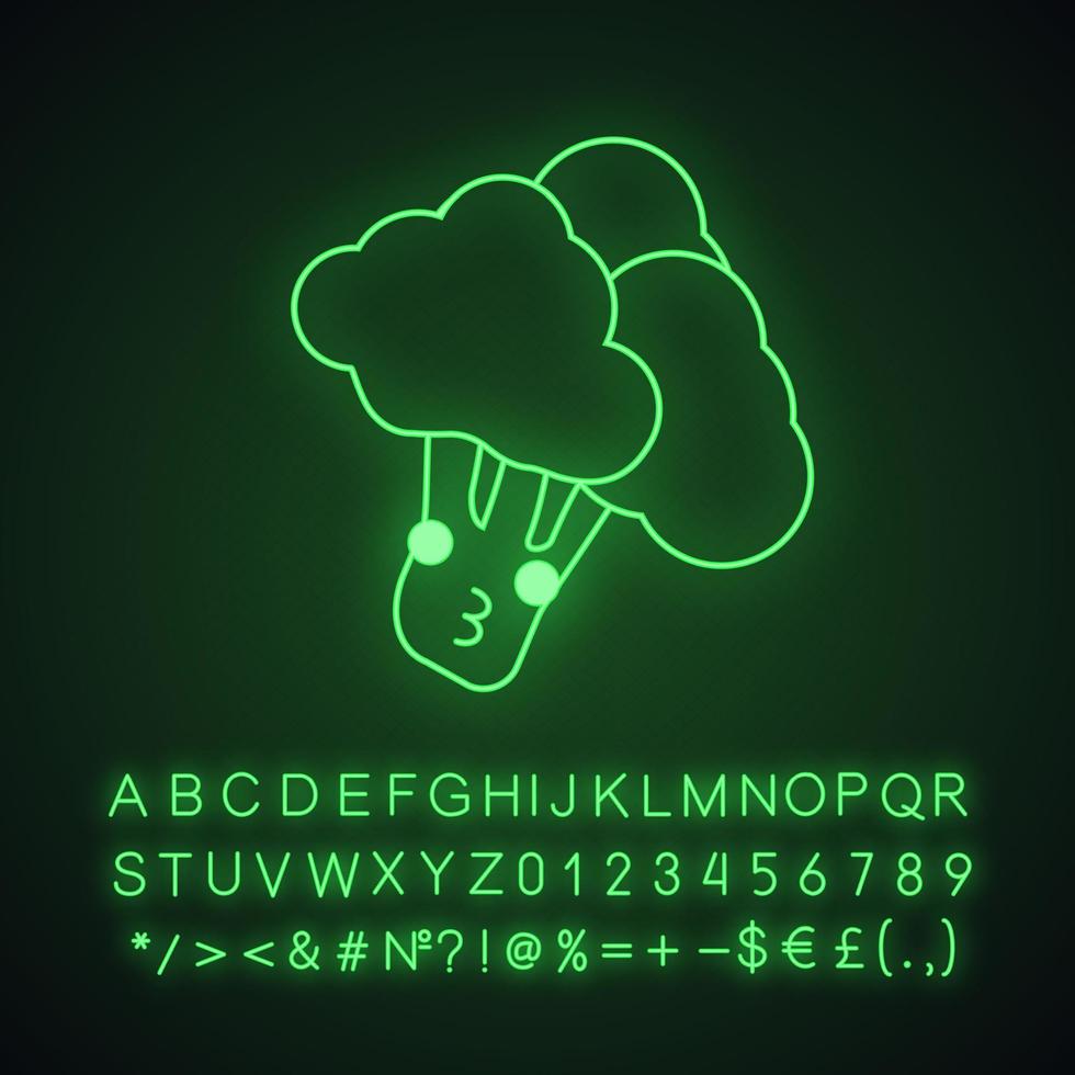 personnage de néon kawaii mignon de brocoli. légume au visage souriant. nourriture heureuse. emoji drôle, émoticône, baiser. icône rougeoyante avec alphabet, chiffres, symboles. illustration vectorielle isolée vecteur