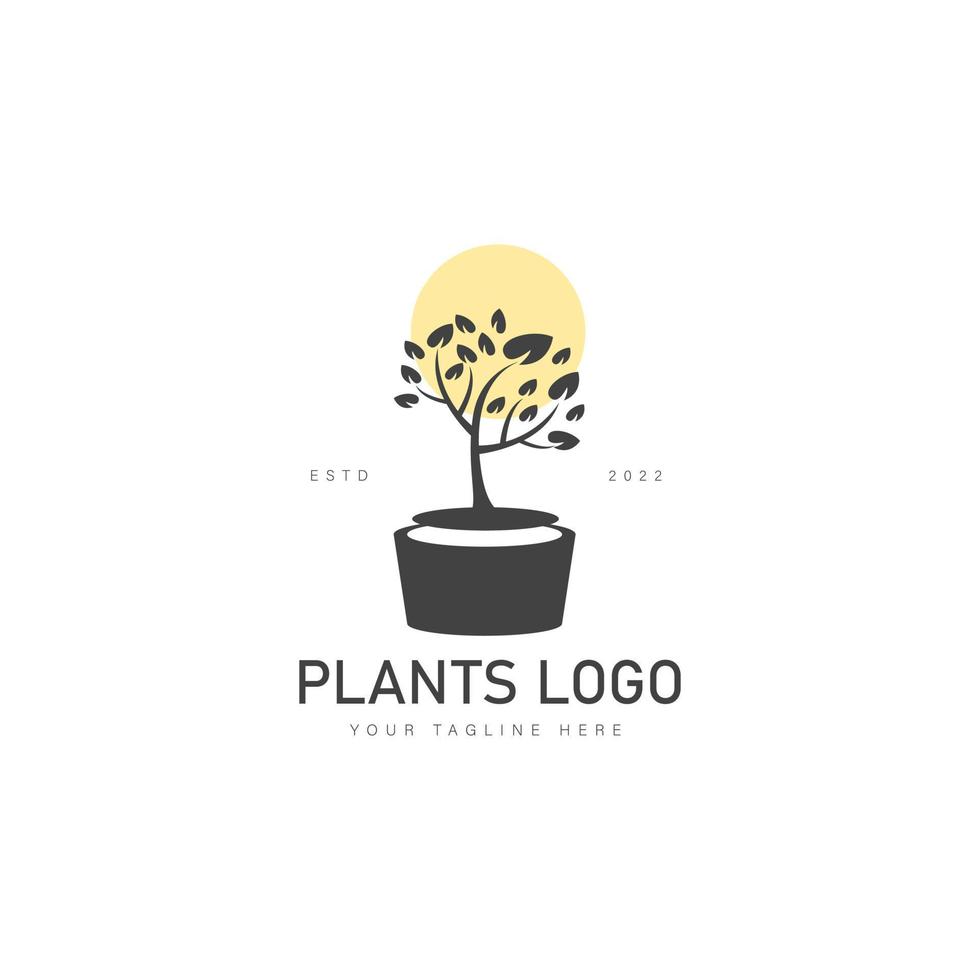 pot de plante noir avec illustration d'icône de conception de logo soleil vecteur