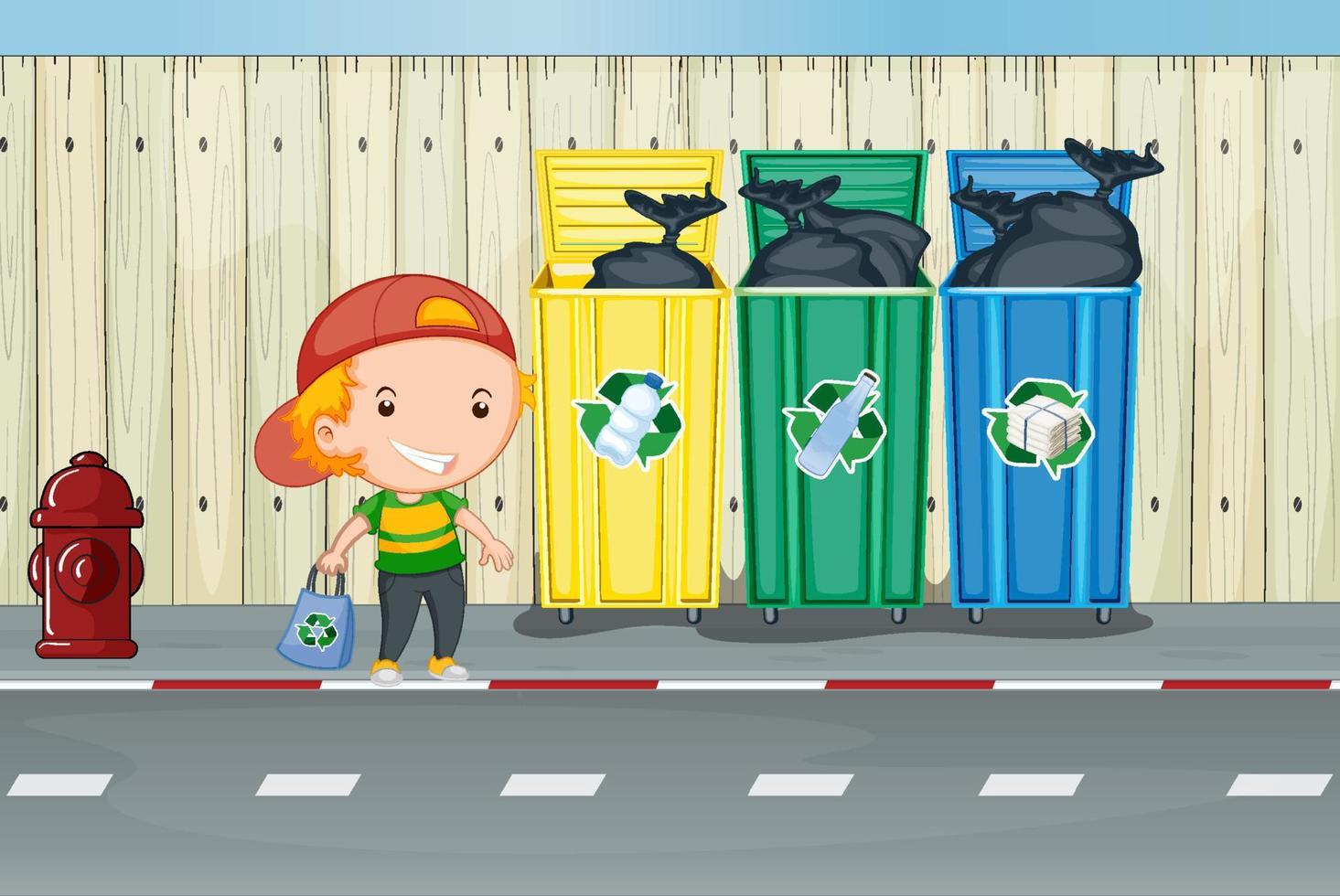 petit garçon debout à côté des bacs de recyclage vecteur