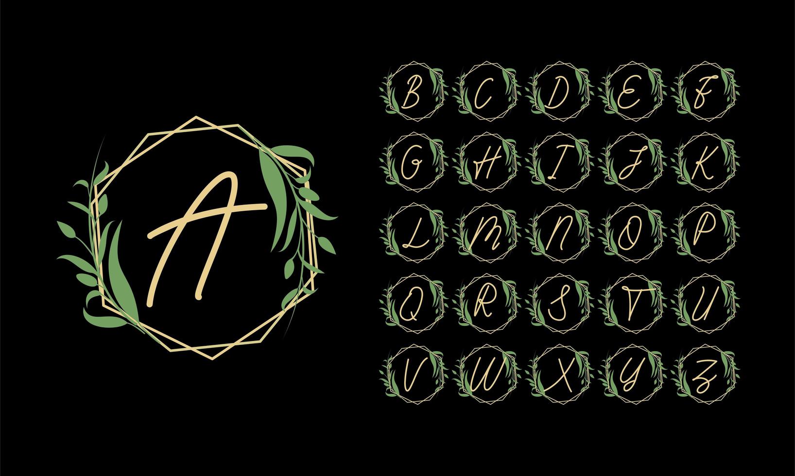 alphabet doré dans un cadre avec des feuilles vertes vecteur