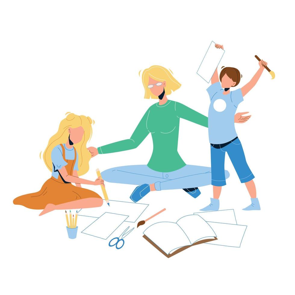 baby-sitter faire des exercices avec des enfants vector illustration