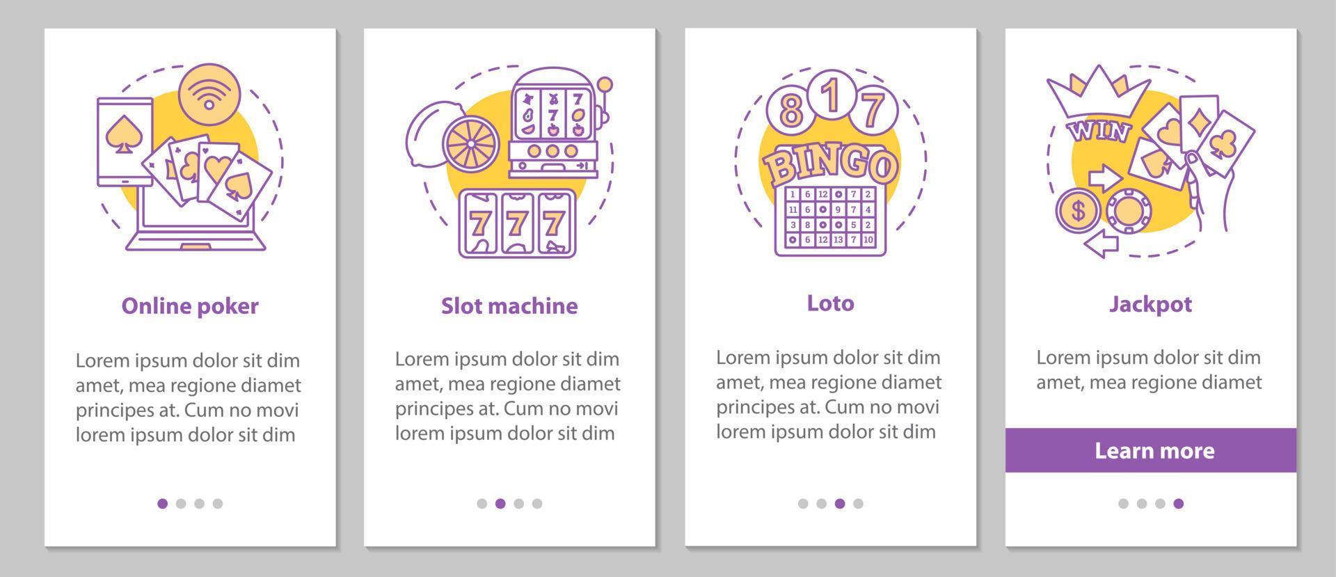 écran de page d'application mobile d'intégration de jeu avec des concepts linéaires. casino. poker en ligne, loterie, machines à sous, instructions graphiques des étapes du jackpot. ux, ui, modèle vectoriel gui avec illustrations