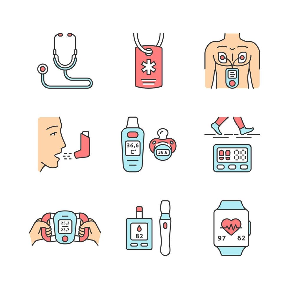 ensemble d'icônes de couleur de dispositifs médicaux. stéthoscope, collier d'identification d'alerte médicale, inhalateur, stimulateur musculaire, fréquence cardiaque, moniteur de glycémie, podomètre, thermomètre pour bébé. illustrations vectorielles isolées vecteur