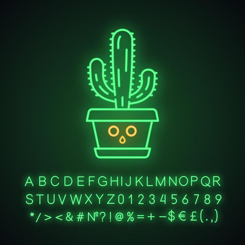 cactus éléphant mignon personnage de néon kawaii. pachycereus à visage feutré en pot. cardon géant mexicain. emoji drôle, émoticône. icône rougeoyante avec alphabet, symboles. illustration vectorielle isolée vecteur