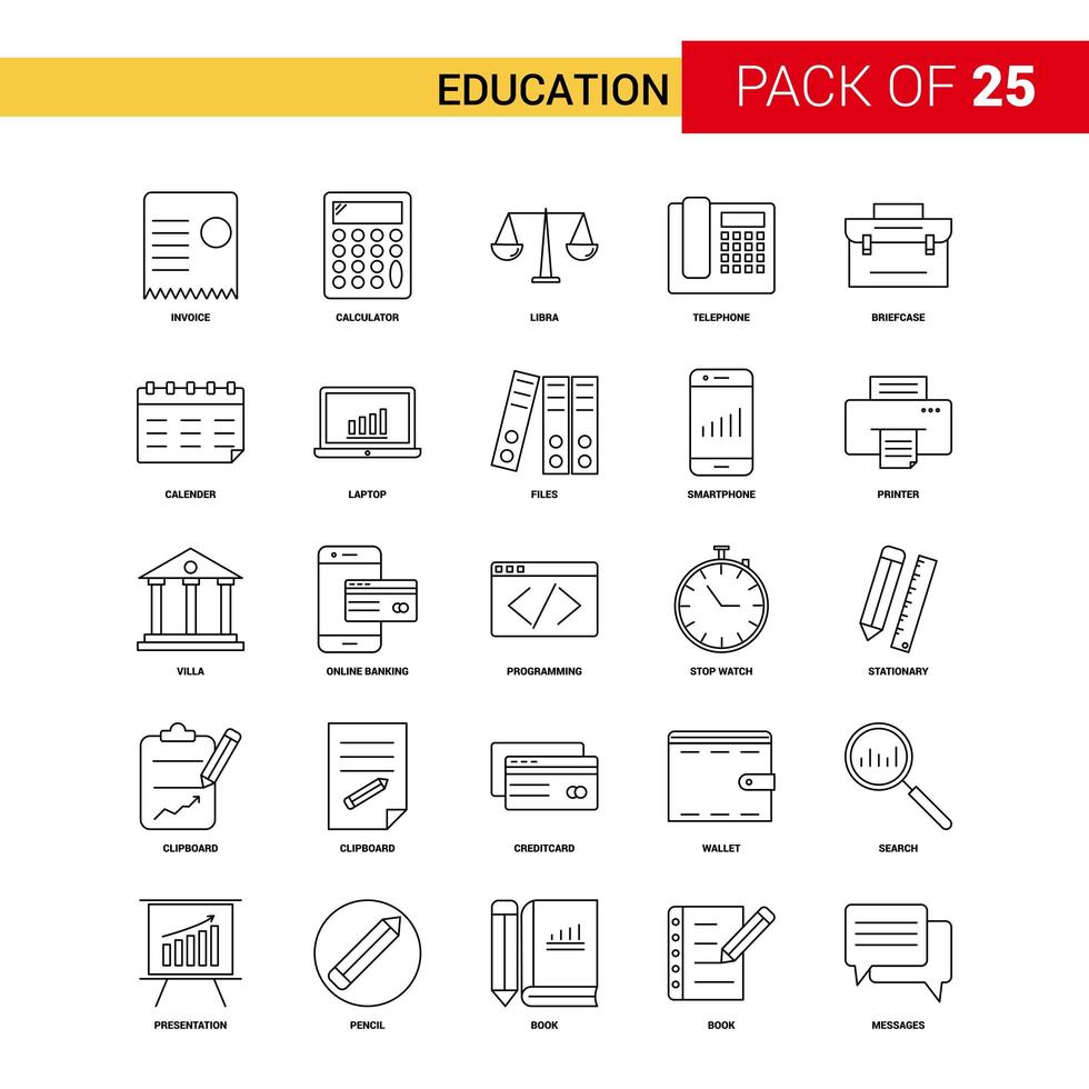 icône de l'éducation ligne noire pack de 25 vecteur