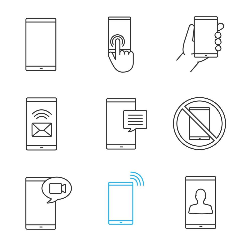 ensemble d'icônes linéaires de communication téléphonique. interdiction de smartphone, écran tactile, main avec téléphone, sms, chat, appel vidéo, appel entrant, utilisateur. symboles de contour de ligne mince. illustrations vectorielles isolées vecteur