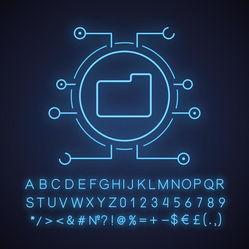 icône de néon de stockage de données numériques. archive. dossier. signe lumineux avec alphabet, chiffres et symboles. illustration vectorielle isolée vecteur