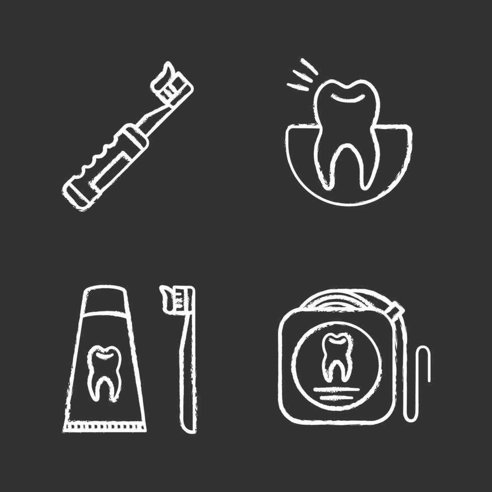 jeu d'icônes de craie dentaire. stomatologie. maux de dents, brosse à dents électrique avec dentifrice, dentifrice, fil dentaire. illustrations de tableau de vecteur isolé