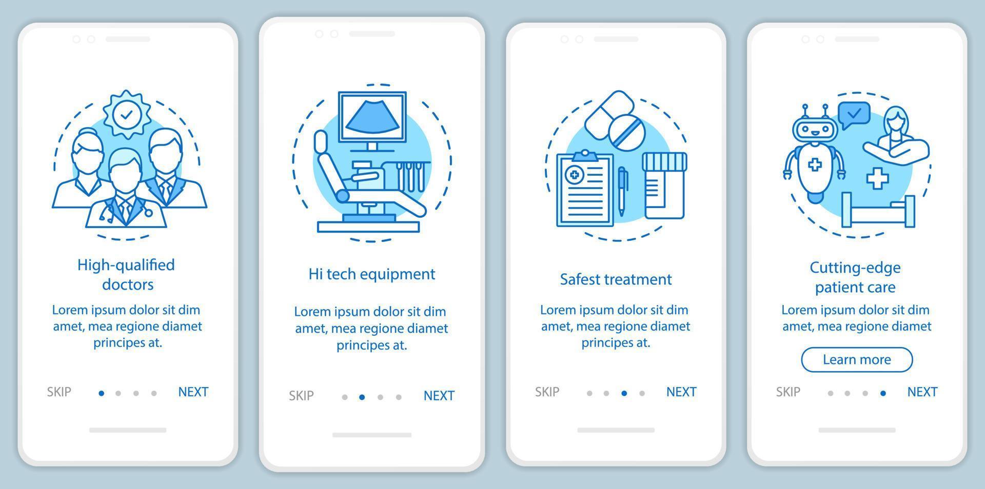 modèle de vecteur d'écran de page d'application mobile d'intégration des avantages du service médical. des soins de santé de haute qualité. étapes du site Web pas à pas avec des illustrations linéaires. concept d'interface de smartphone ux, ui, gui