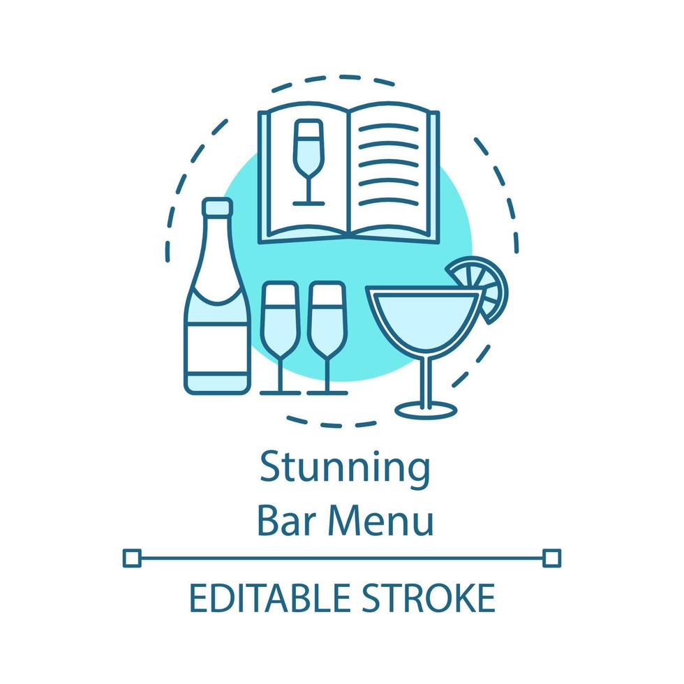 superbe icône de concept de menu de barre. livre de recettes et préparation de cocktails. menu des boissons alcoolisées. illustration de la fine ligne de l'idée de la carte des vins. dessin de contour isolé de vecteur. trait modifiable vecteur