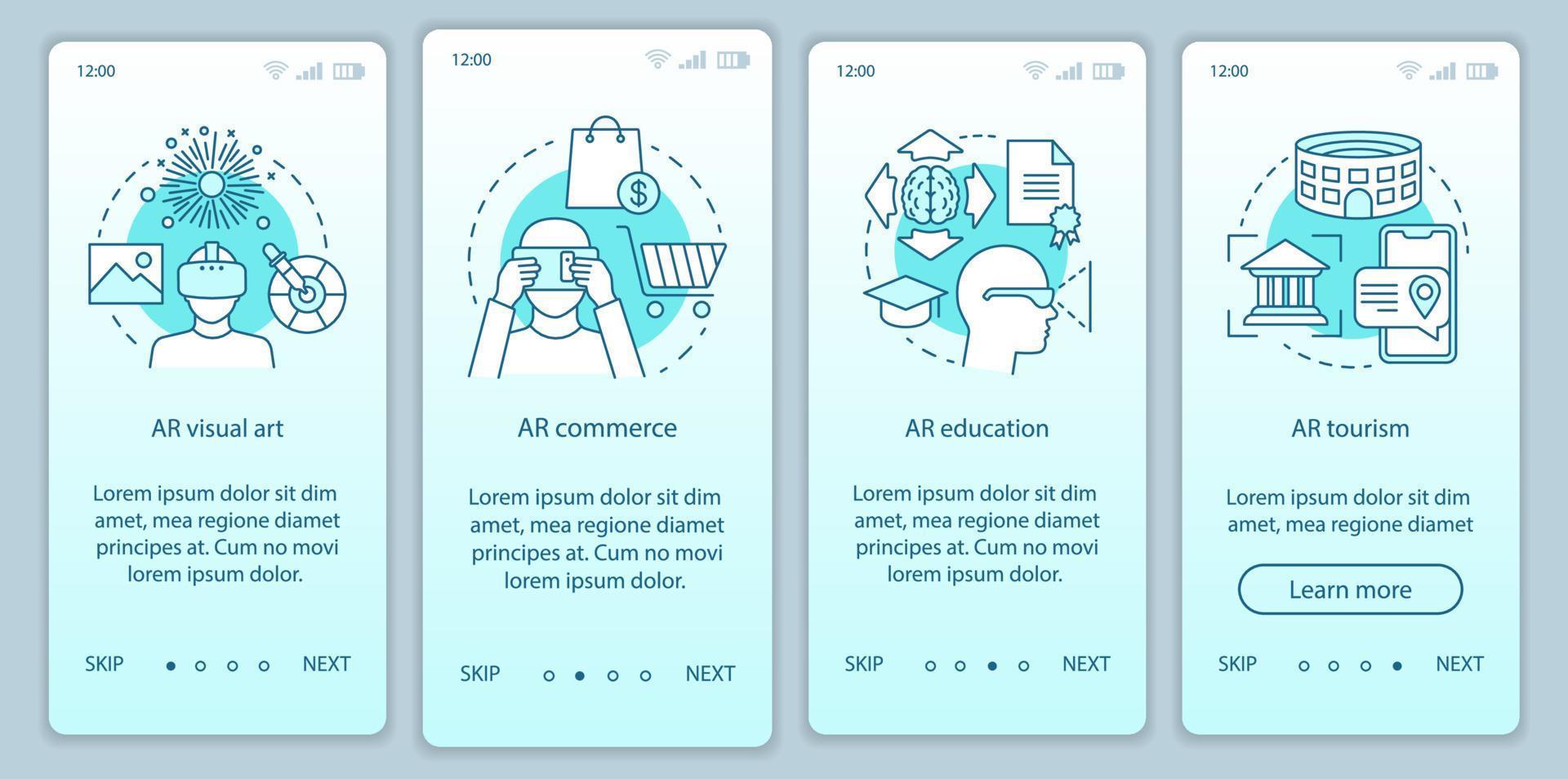 réalité augmentée appliquant l'écran de la page de l'application mobile d'intégration avec des concepts. art visuel, commerce, formation, tourisme pas à pas instructions graphiques. modèle de vecteur ux, ui, gui