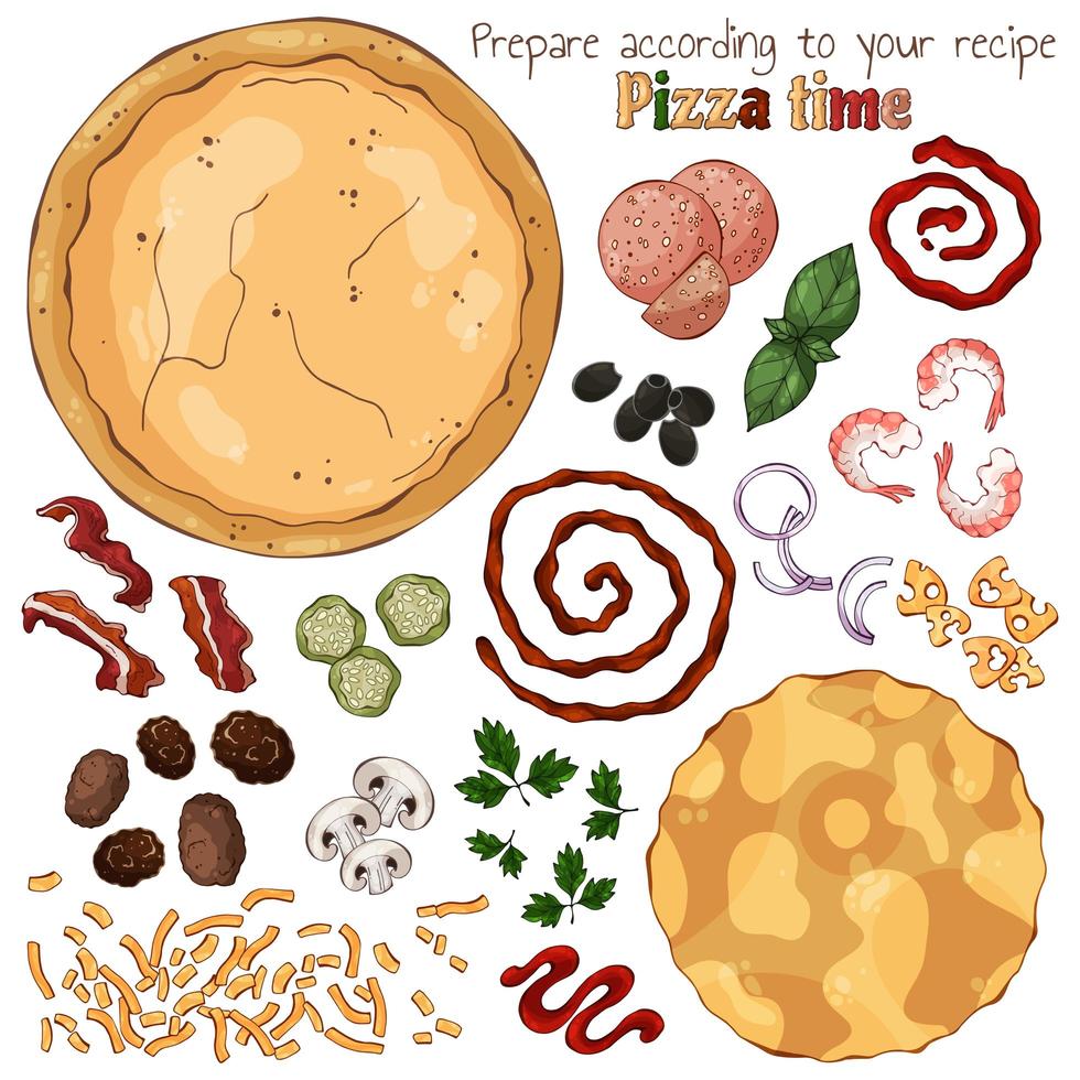 groupe d'illustrations colorées de vecteur sur le thème du temps de pizza, ensemble de produits isolés pour la cuisson de pizza.