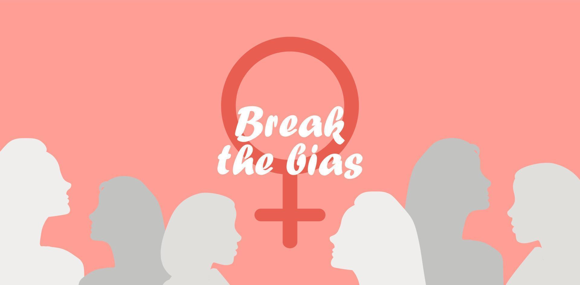 bannière de vecteur avec l'image des femmes de la journée internationale de la femme. concept surmonter les préjugés, les visages des filles debout côte à côte