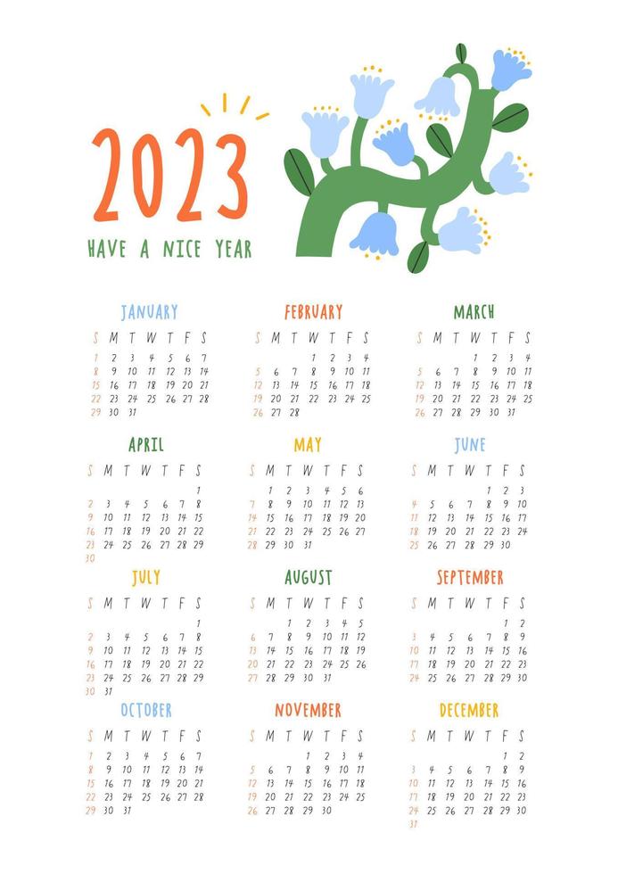 beau calendrier floral - bonne année - 2023. modèle vectoriel imprimable botanique. calendrier mensuel avec fleur dessinée à la main pour l'année 2023. conception de calendrier audacieuse