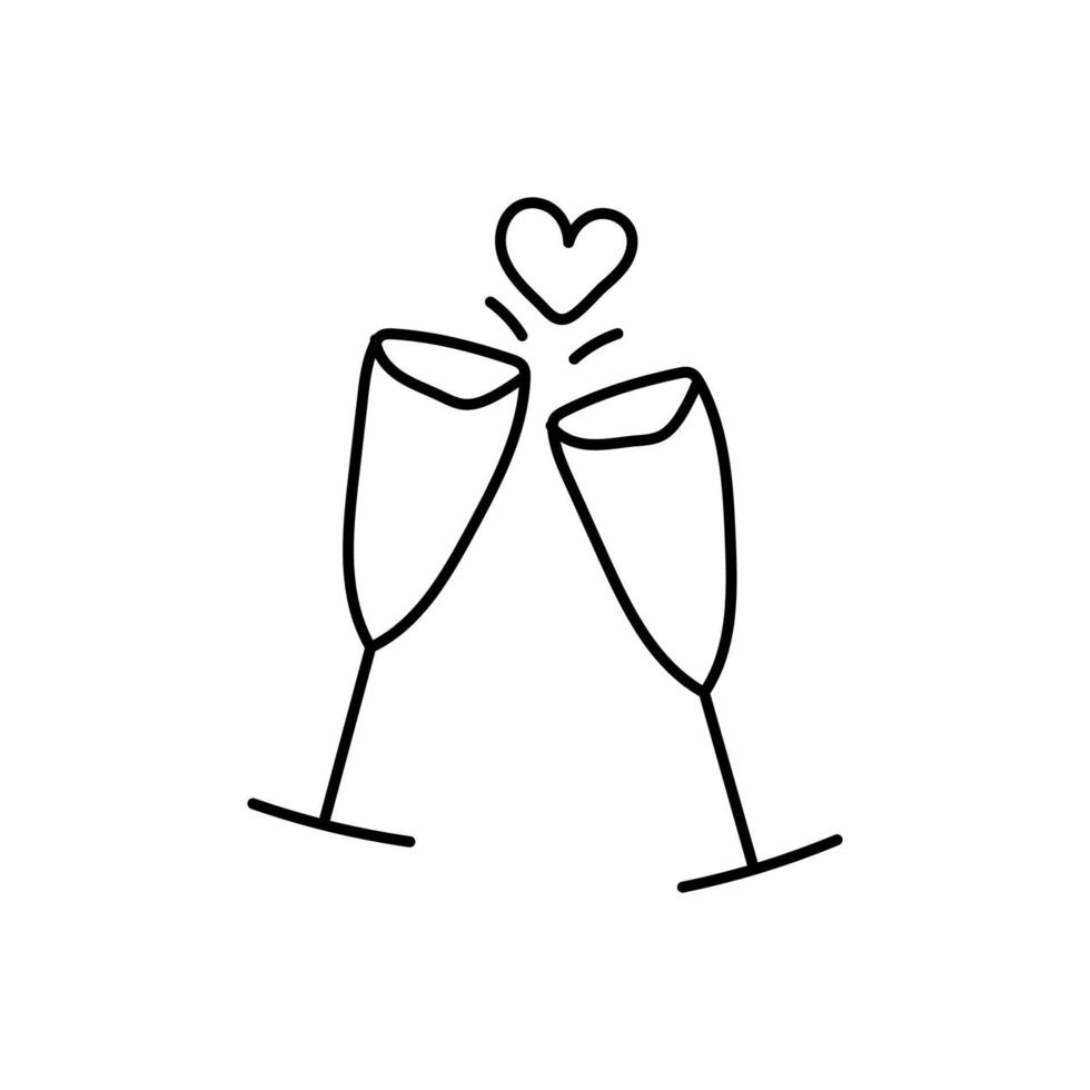 deux verres avec coeur, illustration vectorielle. icône de dessin de doodle. vecteur
