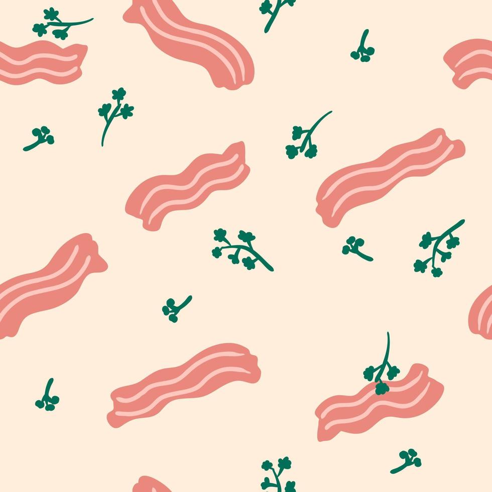 tranches de bacon rôties et motif sans couture de feuilles de persil. vecteur