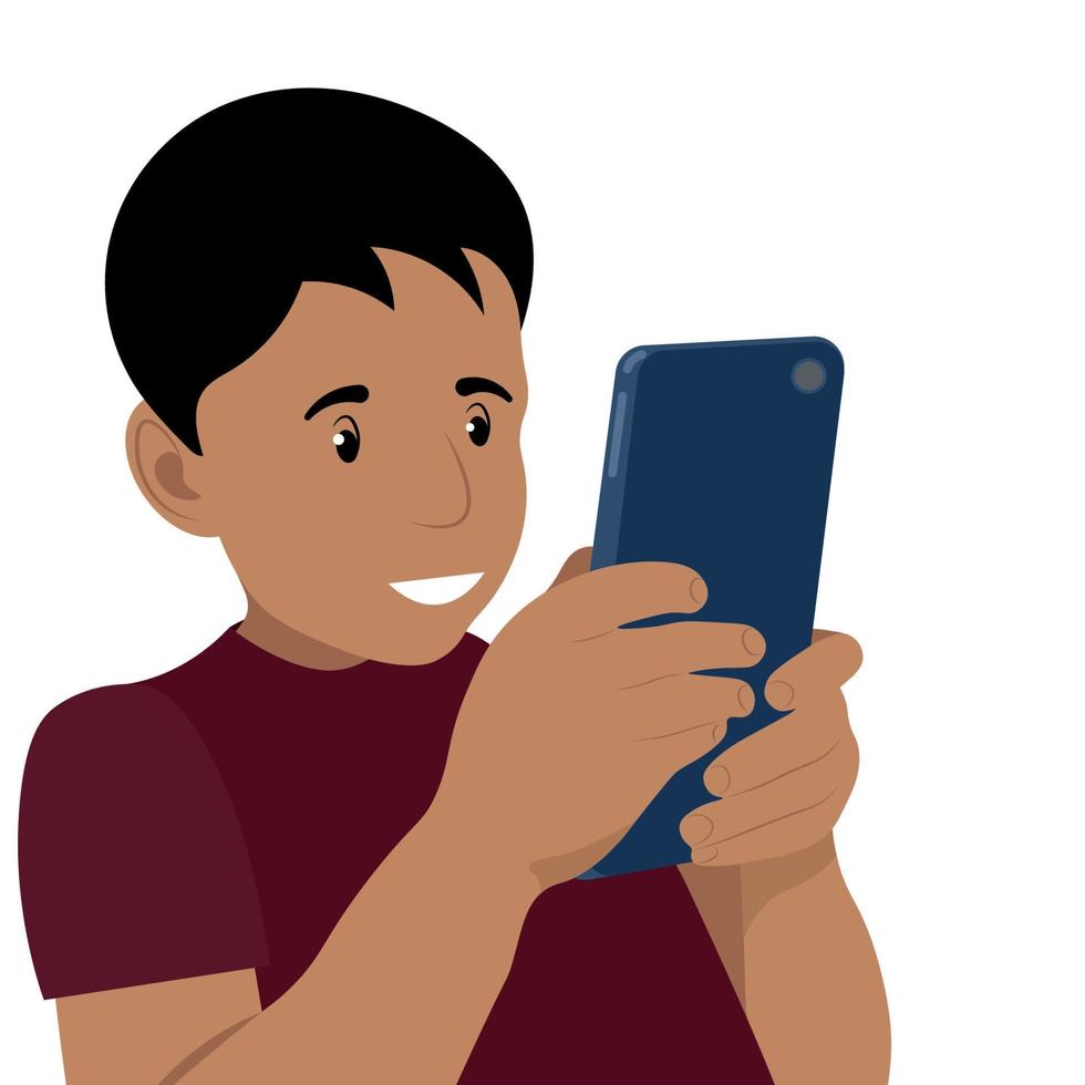 portrait d'un garçon indien avec un téléphone dans les mains, vecteur plat, isoler sur fond blanc, enfant avec un gadget, dépendance au téléphone