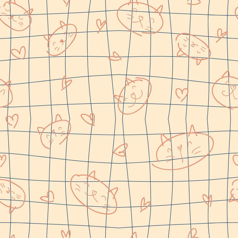 doodle motif sans couture avec des chats et des coeurs sur fond de grille troppy. vecteur