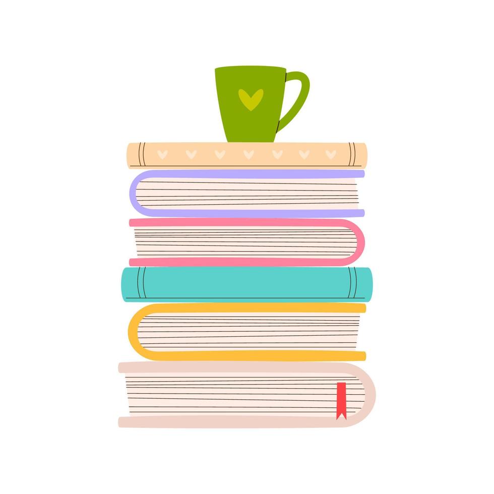 pile de livres et une tasse de thé ou de café vecteur