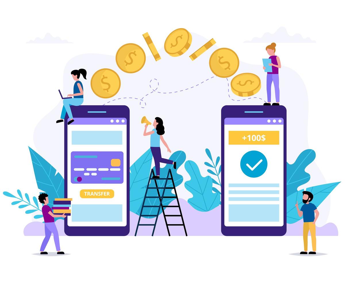 petites personnes envoyant de l'argent via un smartphone vecteur