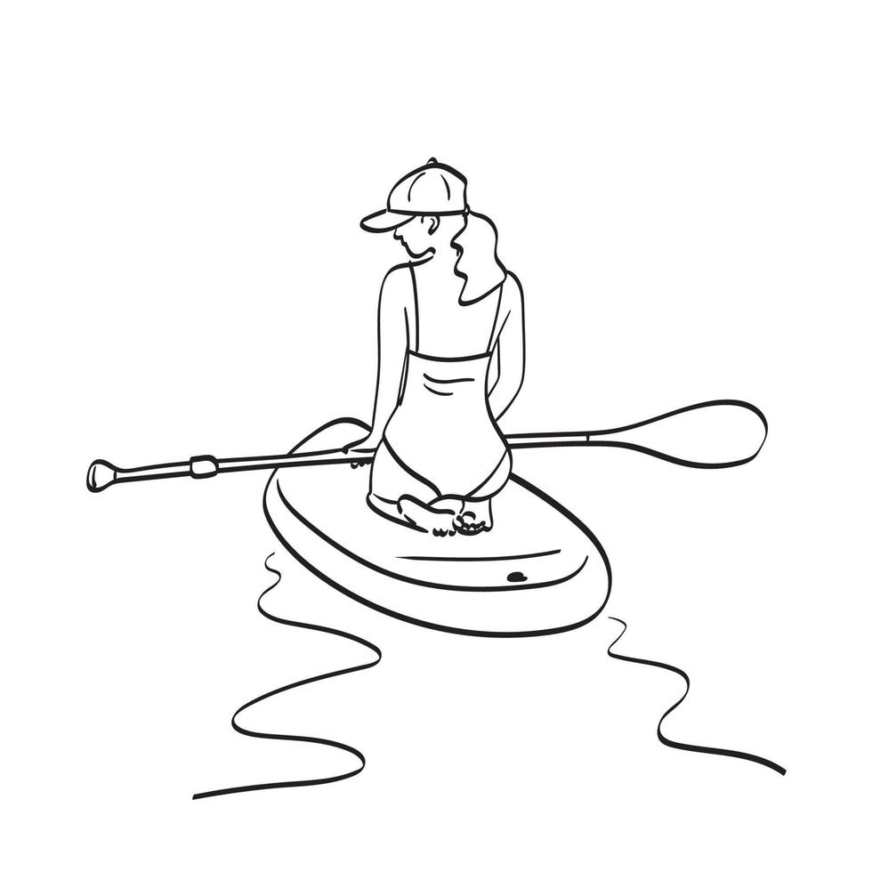 femme en maillot de bain avec casquette assise sur la planche sup et tenant la pagaie illustration vecteur dessiné à la main isolé sur fond blanc dessin au trait.