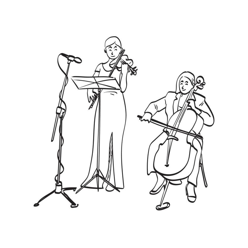 femme jouant du violon et du violoncelle avec microphone illustration vecteur dessiné à la main isolé sur fond blanc dessin au trait.