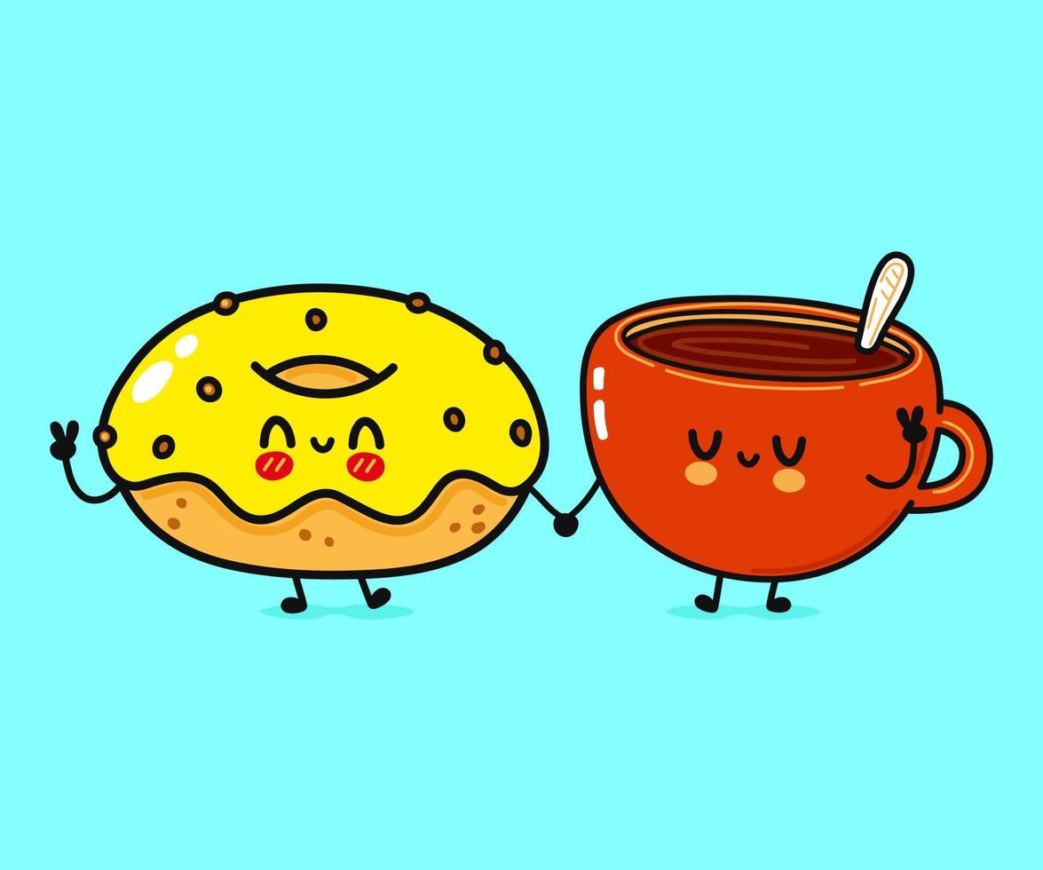 mignon, drôle heureux tasse de café et personnage de beignet. personnages de kawaii de dessin animé dessinés à la main de vecteur, icône d'illustration. drôle de dessin animé tasse de café et concept d'amis de beignet rose vecteur