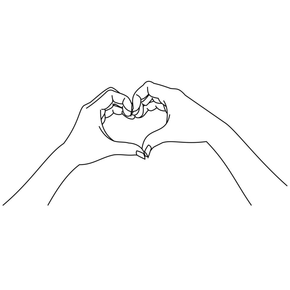 ligne d'illustration dessinant des mains de femme et d'homme en gros plan montrant le signe ou la forme des coeurs. geste de la main du cœur. mains de deux personnes amoureuses faisant du cœur avec les doigts. conception de coeur pour chemise ou veste vecteur