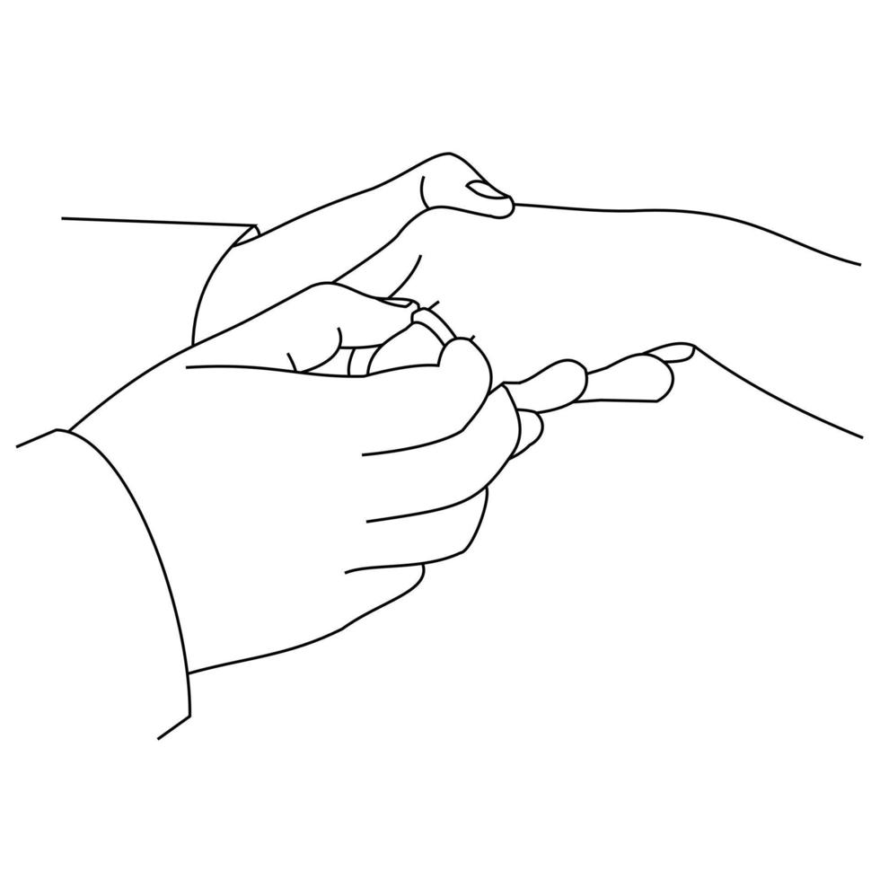 illustration d'une ligne dessinant un gros plan de mains échangeant des alliances. mains de couple de mariage. le marié a mis une alliance sur la main de la mariée. homme plaçant une bague de fiançailles sur l'annulaire de sa petite amie vecteur