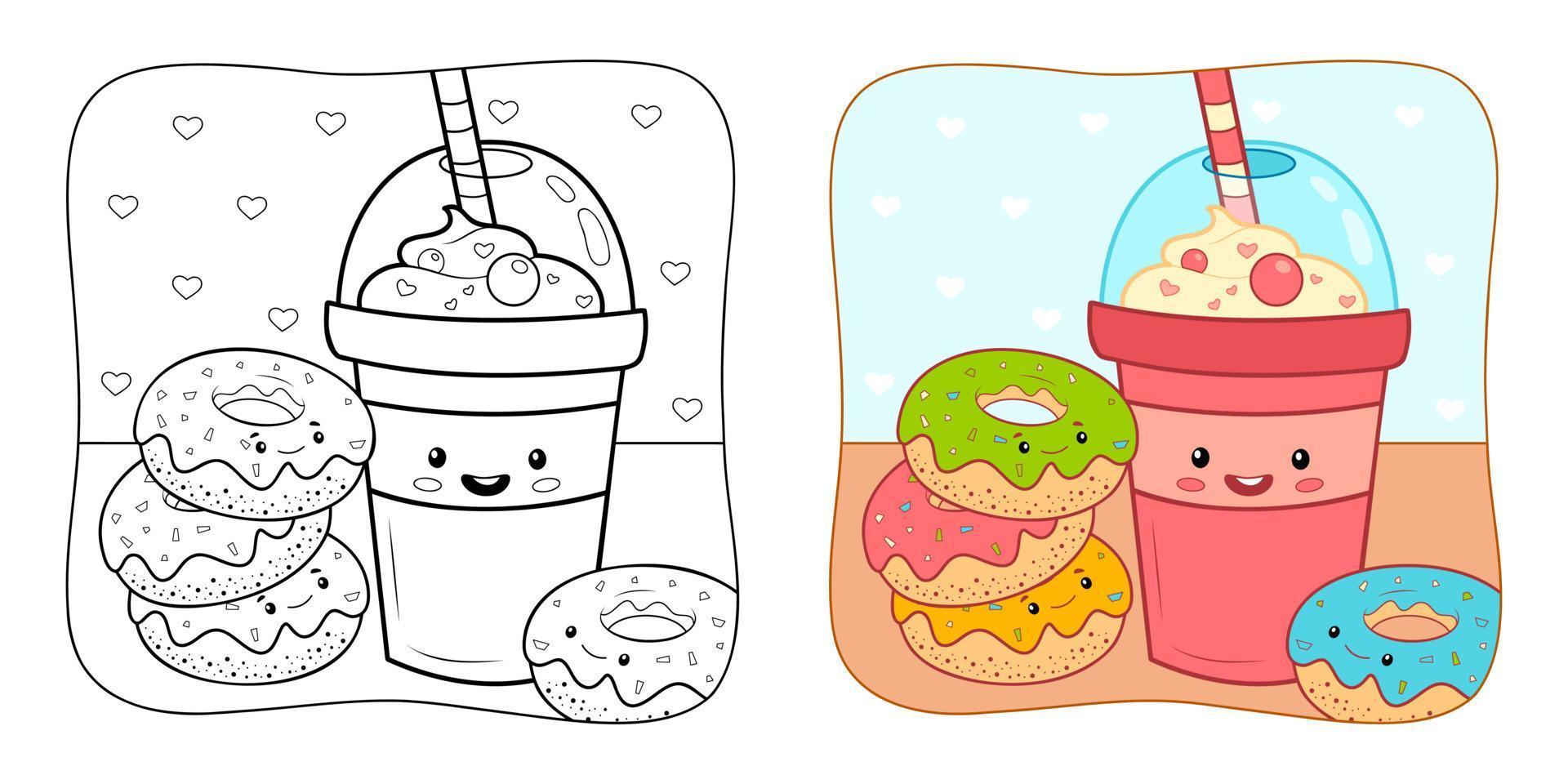 livre de coloriage ou page de coloriage pour les enfants. beignets et boisson vector illustration clipart. fond naturel.