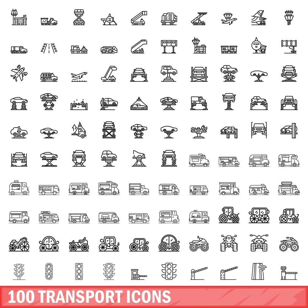 Ensemble de 100 icônes de transport, style de contour vecteur