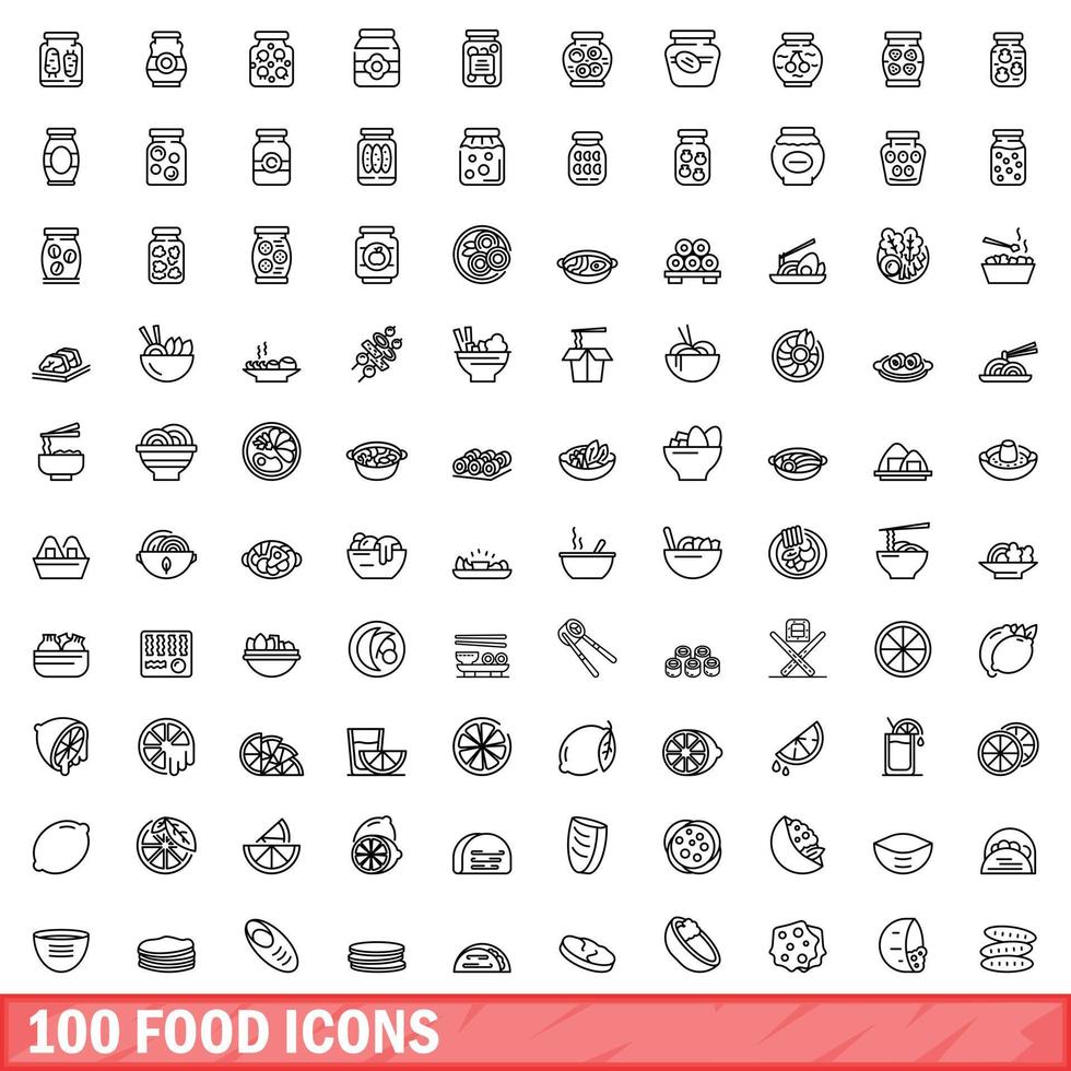 Ensemble de 100 icônes alimentaires, style de contour vecteur