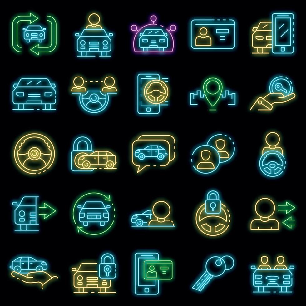icônes de partage de voiture définies vecteur néon