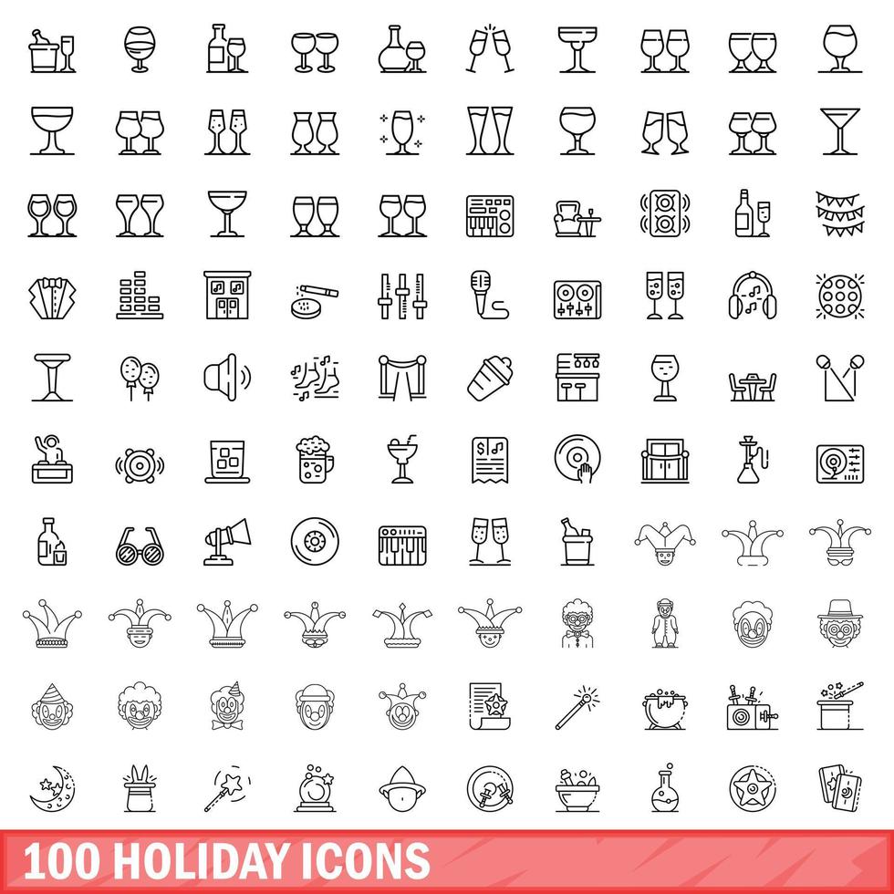 Ensemble de 100 icônes de vacances, style de contour vecteur