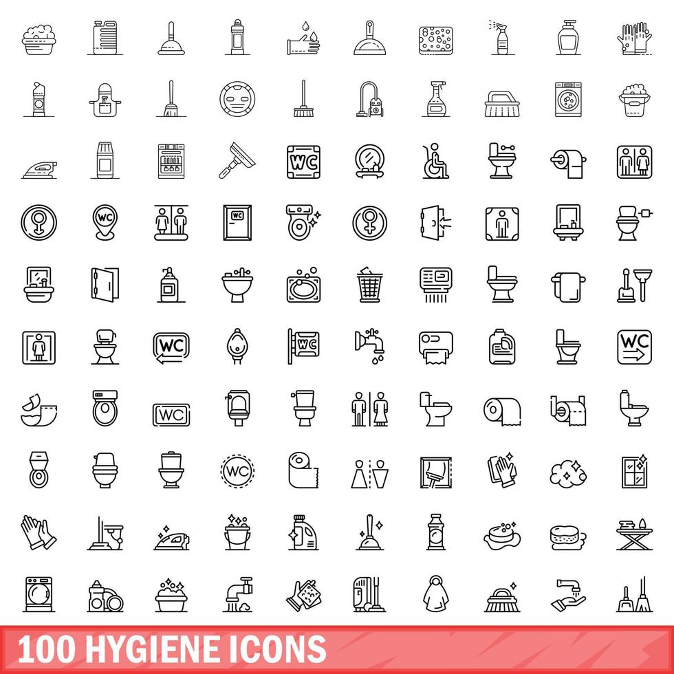 Ensemble de 100 icônes d'hygiène, style de contour vecteur