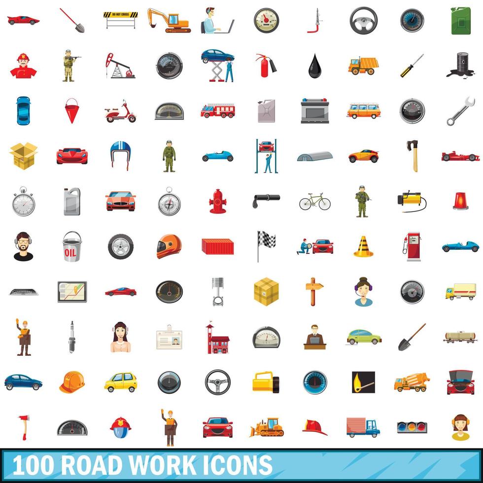 Ensemble de 100 icônes de travaux routiers, style dessin animé vecteur