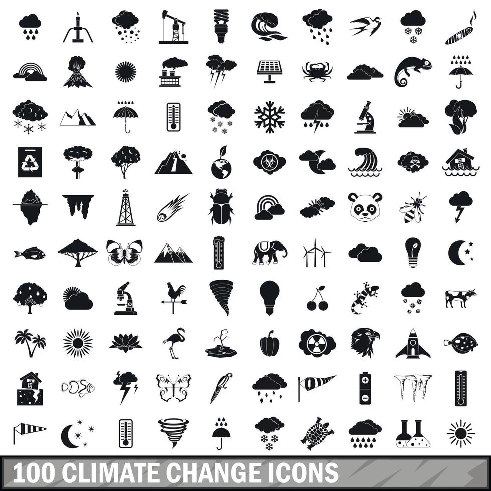 Ensemble de 100 icônes de changement climatique, style simple vecteur