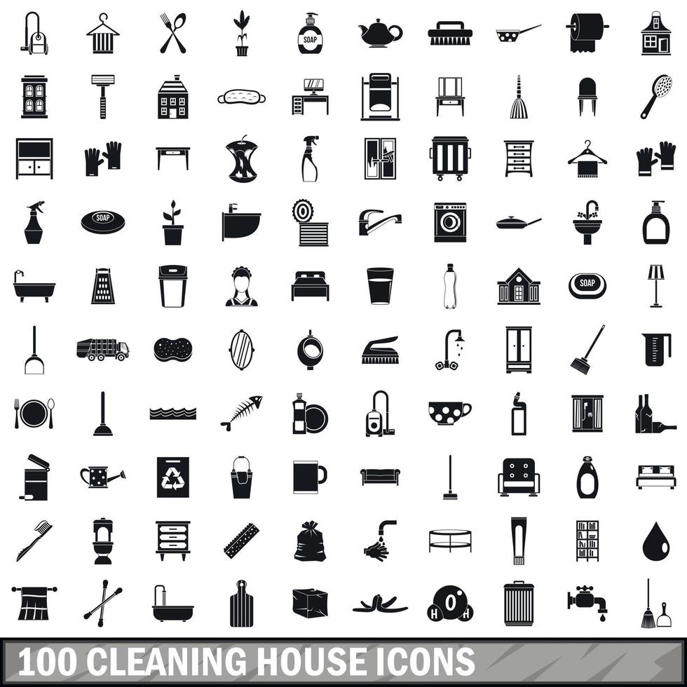 Ensemble de 100 icônes de maison de nettoyage, style simple vecteur