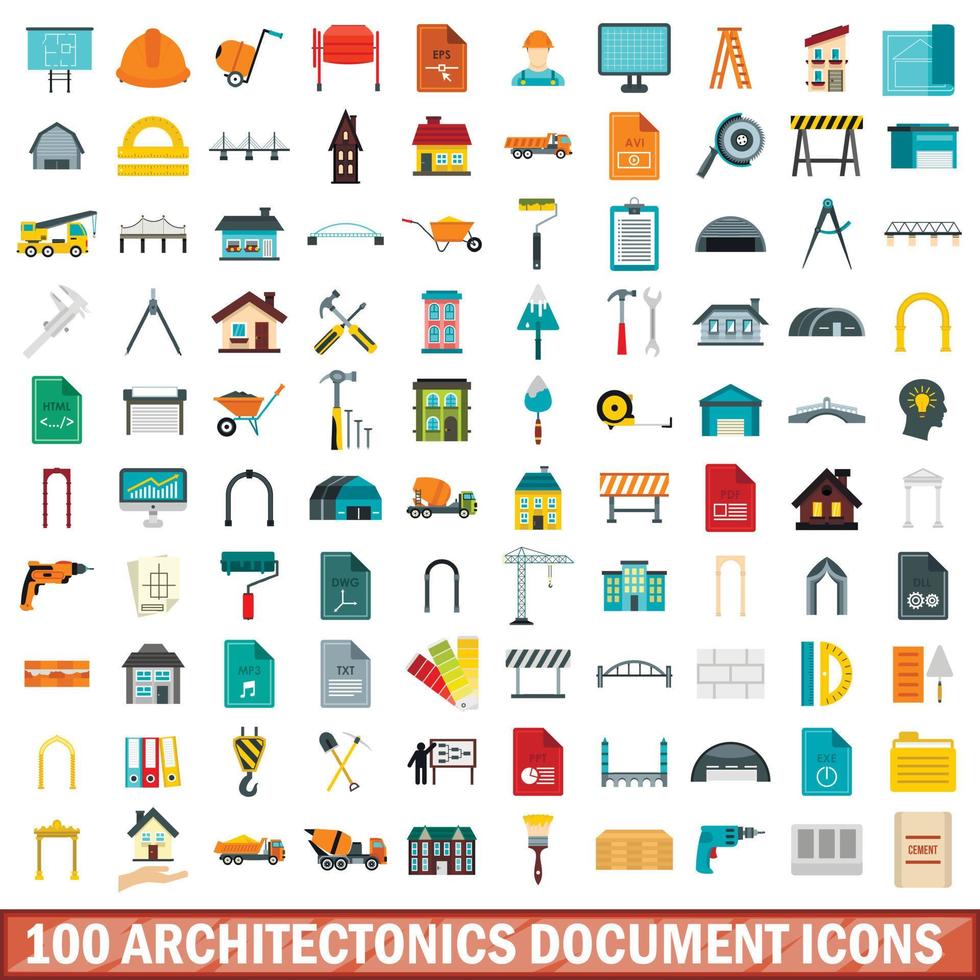 Ensemble de 100 icônes de document architectonique, style plat vecteur