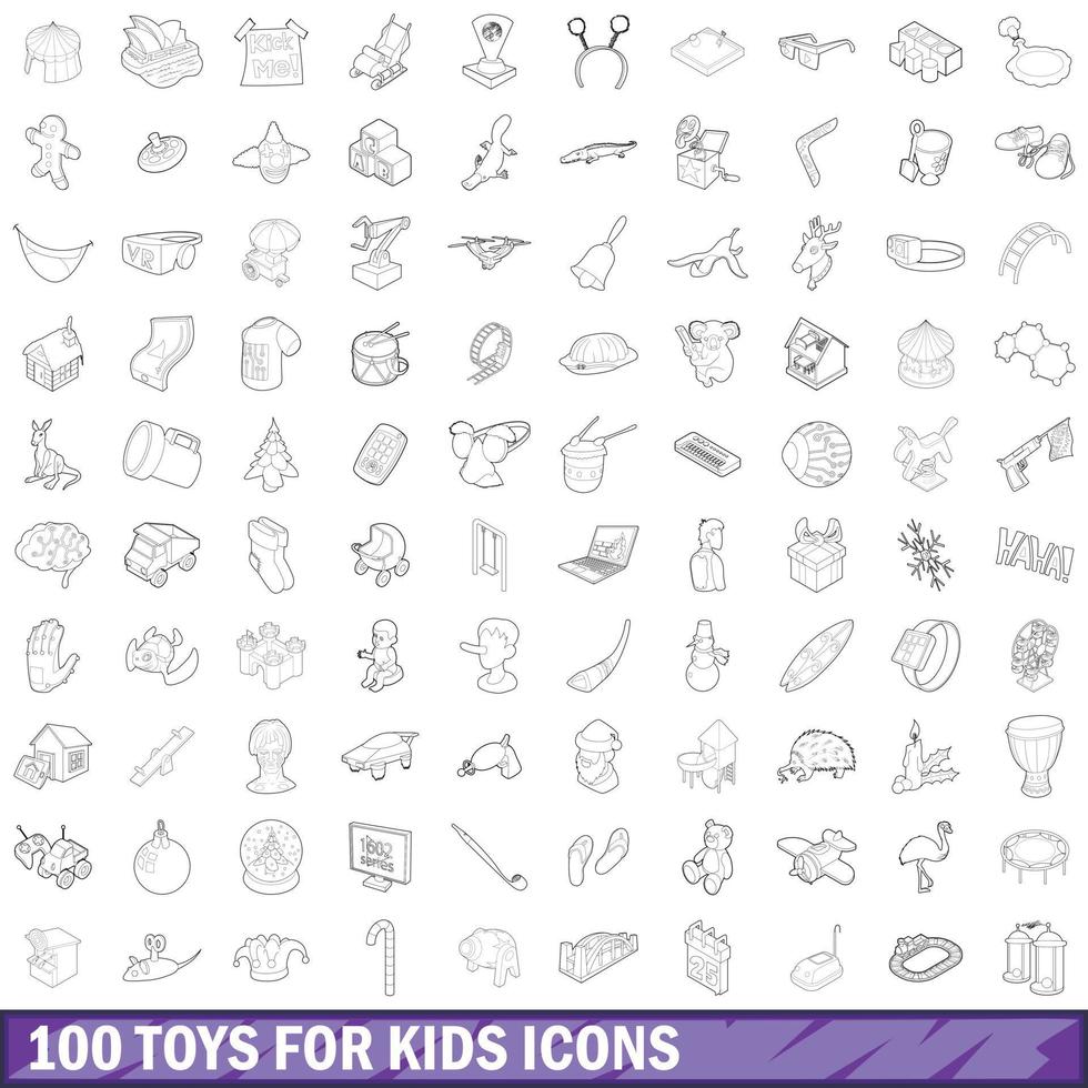 100 jouets pour enfants contre ensemble, style contour vecteur