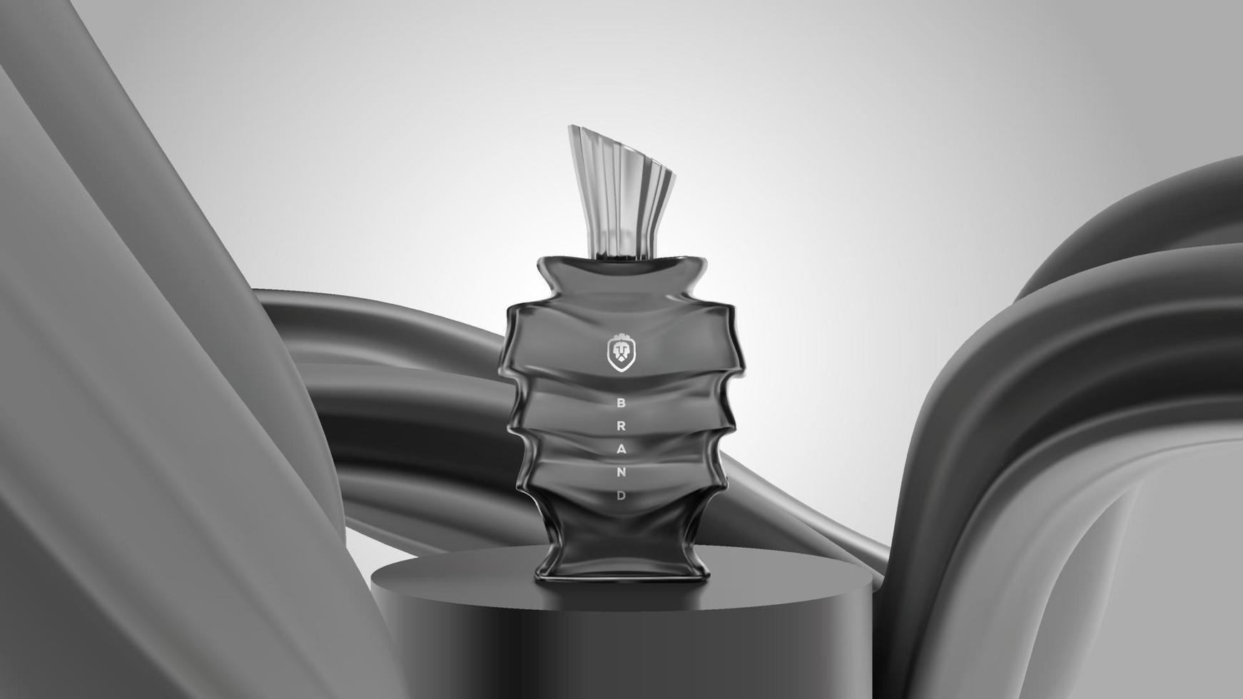 élégante bouteille de parfum en verre stylisé noir et blanc illustration de scène vectorielle réaliste 3d. modèle de présentation de présentation d'annonces de marque cosmétique premium vecteur